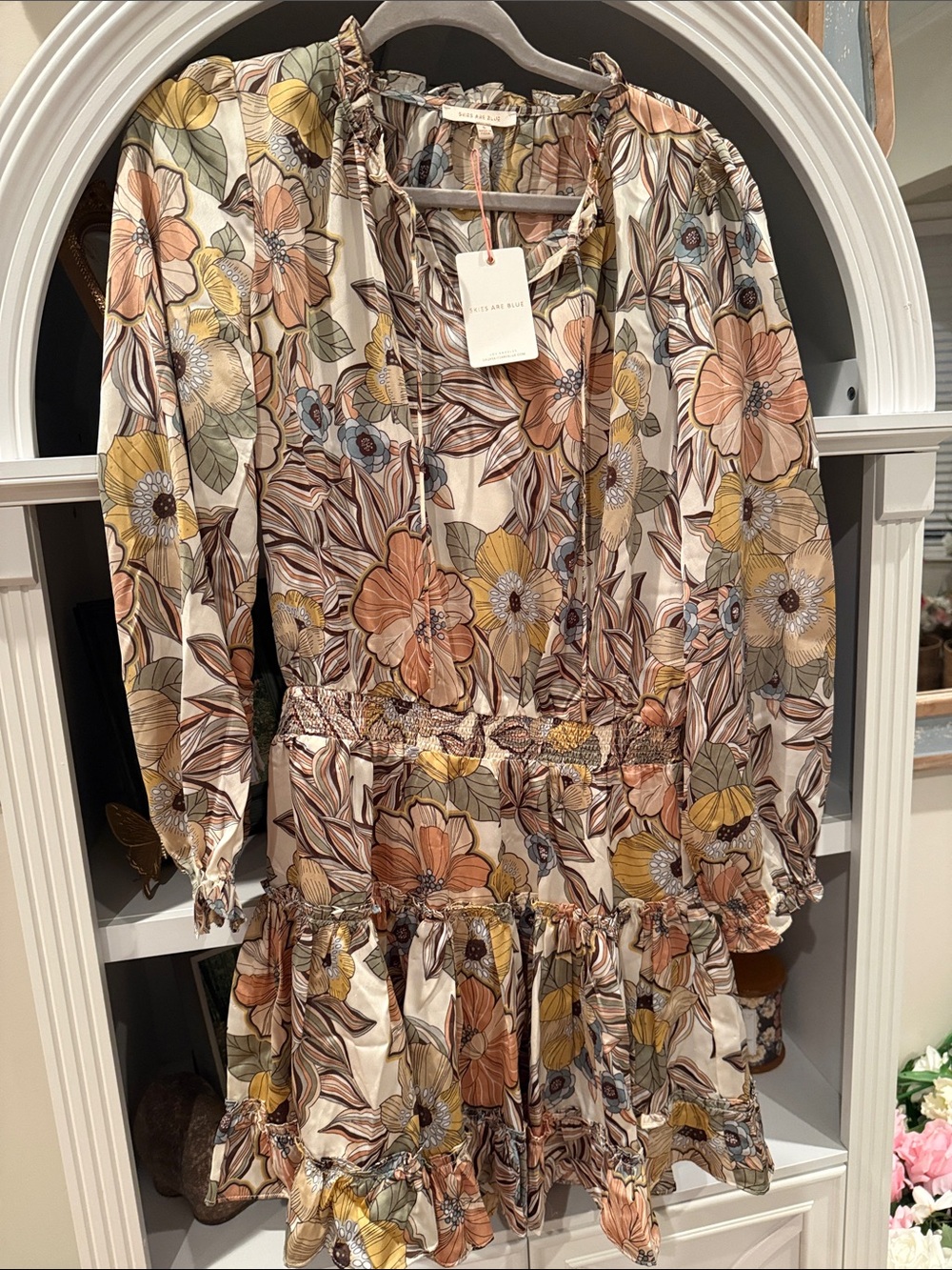 Skies Are Blue Floral Mini Dress in Cream, Mustard & Peach